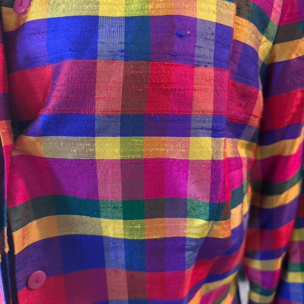 90s Vintage Maggy London Women’s Retro Colorful Plaid Button Down Silk Blazer - Picture 3 of 4